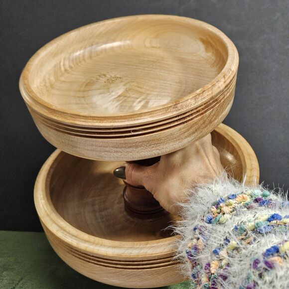 Vtg Turned Wood 2 Tier Tray Round Handmade Table Decor Serving 2 Tones Etagere - Picture 5 of 12